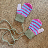 Kids' Lambswool Mittens on a String - Pink & Light Blue Stripe