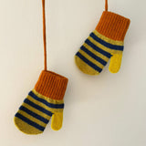 Kids' Lambswool Mittens on a String - Green & Blue Stripe